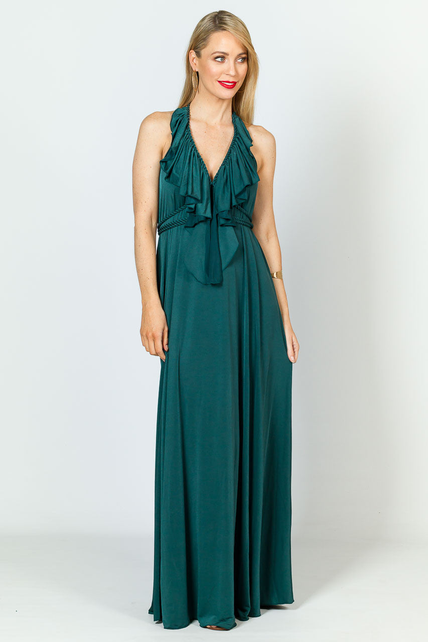 Low Back Ruffle Luxe Maxi Dress - Forest